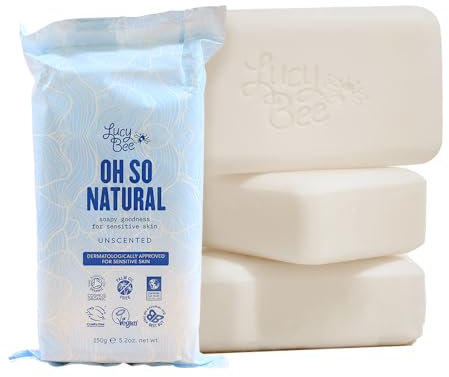 Lucy Bee Certified Organic & All Natural Soap Bar 4 Pack, Moisturising & Rejuvinating, Dermatologist Approved for Sensitive Skin, Unscented & 100% Palm Oil Free, 150g x 4