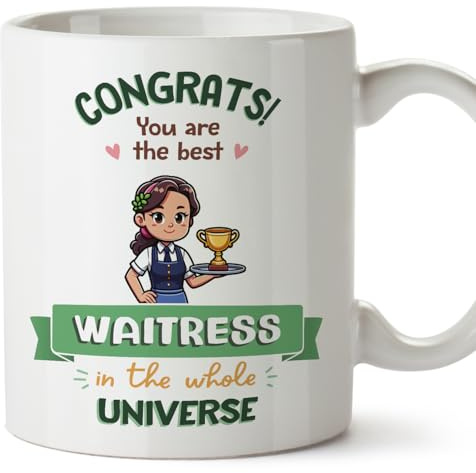 MUGFFINS Waitress Woman Mug - in English - Best in Universe Trophy - Funny Gift for Colleagues - Ceramic 11oz Mug