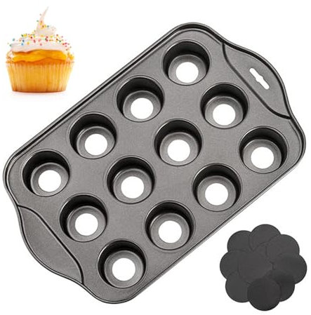 AUTUUCKEE 12 Cup Non-Stick Mini Muffin Tray, Reusable Muffin Pan, Loose Bases Mini Sandwich Tin Baking Tray, Carbon Steel Cupcake Mould with Non Stick Coating, Dishwasher Safe(33x21x4cm)