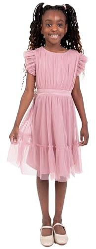 Anaya with Love Maya Deluxe Flower Girl Dress Bridesmaid Children's Round Neck Short Flutter Sleeve Bow Tulle Ruffle Princess Kids Dress Fille (Lot de 1)