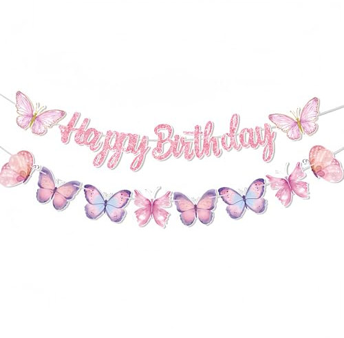 Torytoe Schmetterling Deko Geburtstag, 2 Stück Schmetterling Girlande Geburtstag Happy Birthday Banner, Geburtstagsdeko Mädchen, Happy Birthday Girlande für Kinder, Mädchen, Frauen und Erwachsene