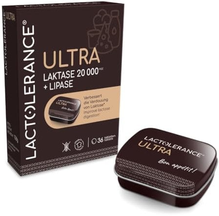 LACTOLERANCE ULTRA - Alta concentración de lactasa (20.000 FCC) y lipasa (500 UI) - Doble acción para la digestión de lactosa y grasas - Envase de 36 comprimidos - Fabricado en Francia