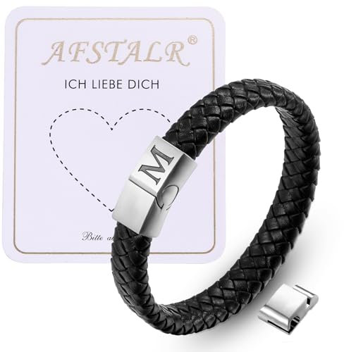 AFSTALR Lederarmband Armband Herren Leder Schwarz mit Gravur M Buchstaben Armbänder Magnetverschluss Personalisiert Herrenarmband Bracelet Schmuck Geschenke für Männer