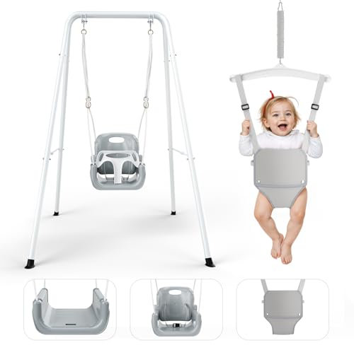 MINENICE Balançoire pour bébé 4 en 1, avec siège, support en métal pliable, pour jouer à l'intérieur et à l'extérieur, blanc