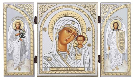 NKlaus Triptychon Gottesmutter von Kazan mit Erzengeln, Holz, 1 Stück | Goldene Prägung und Schutzlack; Erzengel Gabriel und Michael