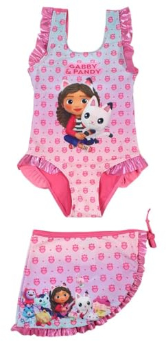 CARTOON Costume con Pareo Gabby's Dollhouse Beachwear per Bambini Coordinato Costume Intero con Gonna Abbigliamento Mare Piscina (IT, età, 3 Anni, 4 Anni, Regular, Bambina, Fucsia)