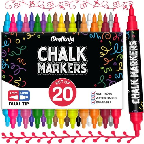Chalkola 20 Kreidestifte für Tafel Abwaschbar mit Doppelspitze | Kreidemarker - 1mm + 5mm Fein & Breit, Kreidestift für Fenster, Auto, Glas, Spiegel, Bistro & Tafel - Fenstermalstifte