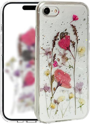Riccase for iPhone 7/8/SE 2020/SE 2022 Case Clear with Real Dried Flower, Shockproof Transparent Soft TPU Protective Bumper Slim Glitter Cute Floral Phone Case, Pink Flower