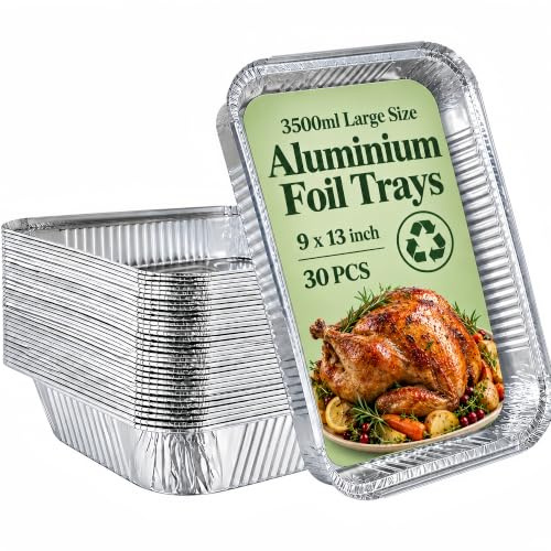 30 Pack Large Aluminium Foil Trays (32x21x5 cm) - Bulk Heavy Duty Roasting Pans & Deep Baking Tins - Reusable Rectangular Containers for Catering, BBQ, Meal Prep & Freezer, 9x13inch (3500ml)
