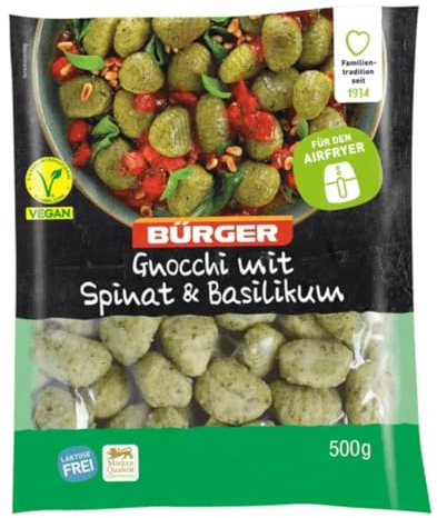 BÜRGER Gnocchi mit Spinat & Basilikum, 500 g – Kochfest, Airfryer-geeignet, vegetarisch, aromatisch & schnell zubereitet, 1 Beutel á 500g