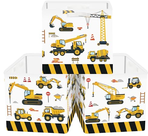 Clastyle 3 Stück Autos Aufbewahrungsbox Stoff für Kallax Faltbar Aufbewahrungskorb Klein Schrank Organizer Kleiderschrank für Regal, Gelbes Fahrzeug, 30x30x30 cm