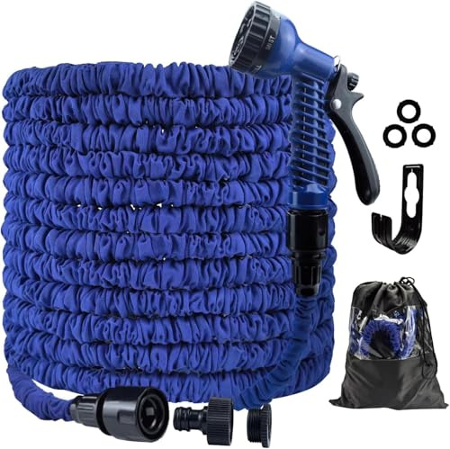 Gartenschlauch Flexibel, Wasserschlauch Dehnbar Flexibler Gartenschlauch 30 m mit 7 Funktionen Garten Handbraus, Schlauch Flexibel Bewässerung für Garten Haustier Autowäsche (Blau-100FT)