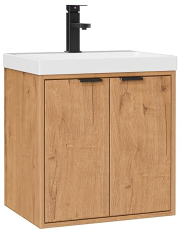 UEV Meuble de Salle de Bain Suspendu avec Vasque, 50 x 38 x 55 cm, Naturel | Armoire Sous-Lavabo 2 Portes Finition Bois, Gain de Place & Entretien Facile, Idéal pour Petites Salles de Bain et WC