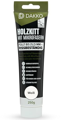 DAKKO Holzkitt 250 g Weiß Holzspachtelmasse mit Bambusfasern | Füllmasse zur Reparatur von Schäden und Rissen an Möbeln und Türen - für Innen und Außen, schnelltrocknend und rissbeständig