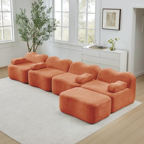 Taikonaut Modulares Sofa, Ecksofa aus Samt, 4-Sitzer L-Form mit 1 Hocker, rahmenlose Wellenform, 32D Hochdichtschaum, bewegliches Armlehnenkissen, Orange