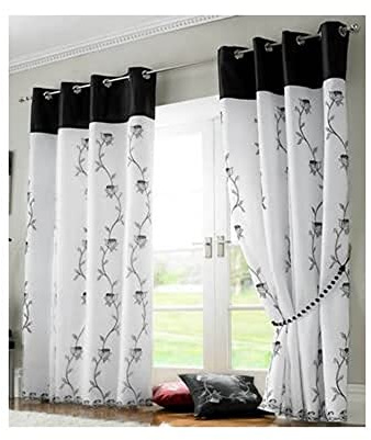Tahiti Embroidered Lined Voile Eyelet Curtains, Black, 56 x 90-Inch