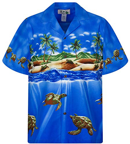 KY‘s | Original Hawaiihemd | Herren | S - 8XL | Kurzarm | Front-Tasche | Hawaii-Print | Schildkröten Meer Strand | Blau