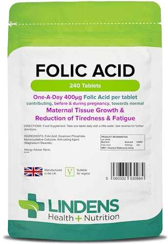 Lindens - Folic Acid 400mcg - 240 Vegan Tablets - UK Made to GMP - Pregnancy, Immune Health, Energy and Vitality, Blood Formation, Psychological Function, Amino Acid - Letterbox Friendly