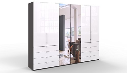 WIEMANN Loft Kleiderschrank, Schlafzimmerschrank, Gleittürenschrank, Drehtürenschrank, mit Spiegel, Schubladen, Glas weiß, Havanna, B/H/T 300 x 236 x 58 cm