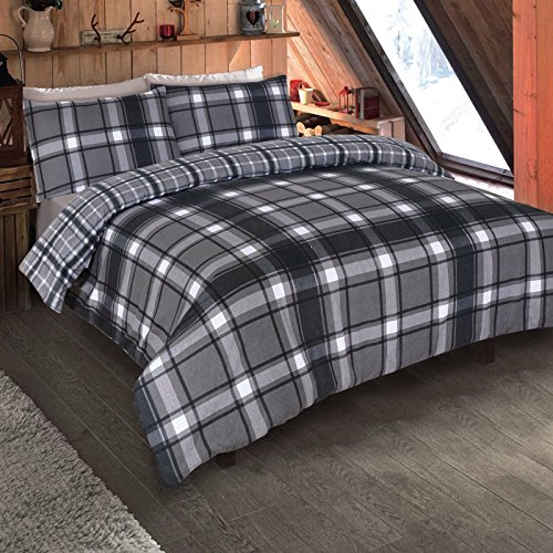 Dreamscene Superking Duvet Set 100% Brushed Cotton, Super Soft Warm Aspen Check Reversible Tartan Flannelette Thermal Superking Quilt Bedding Set with Pillowcases, Grey