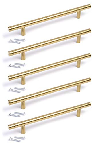 BSM Marketing T bar Handle Knob Gold Finish Kitchen Bedroom Bathroom (5, 160mm Hole centres)