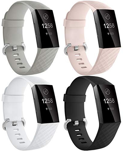 Dirrelo Compatible avec Fitbit Charge 3/Fitbit Charge 4 Bracelet pour Femmes Hommes, 4 Pack Étanche Remplacement de Silicone Réglable Sport Bracelets pour Charge 3/4/SE, Noir+Rose+Blanc+Gris S