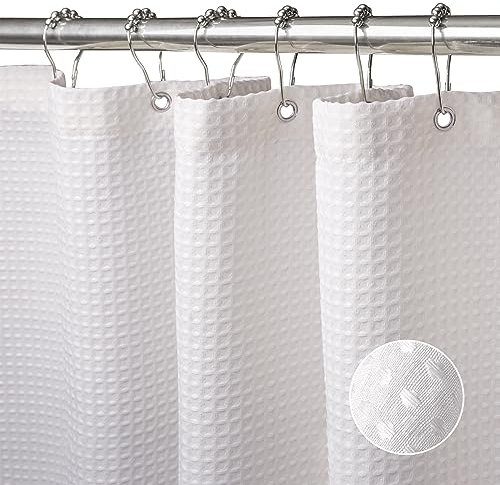 Waffel Duschvorhang mit Metall Duschvorhangringe Stoff Textil Badewannenvorhang Anti Schimmel Bad Vorhang Set Wasserdicht Badewanne Vorhang Schwerer Shower Curtain Badezimmer - 182 x 214cm (Weiß)