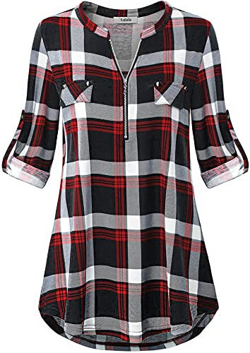 Lalala Tunique à carreaux avec col en V, manches 3/4 et fermeture éclair Couleur unie Haut long pour femme, XL
