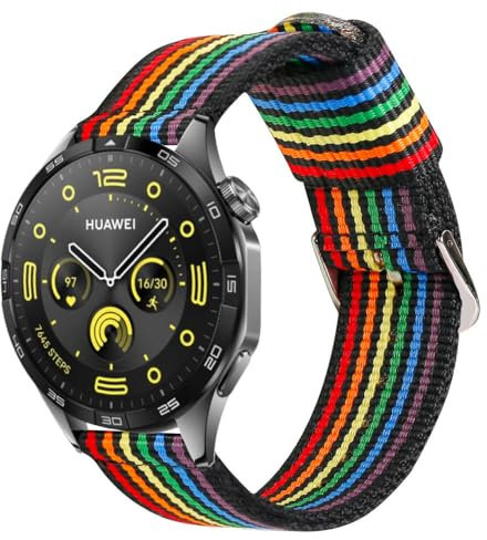 ESTUYOYA Bracelet Pride compatible avec Huawei Watch GT 5/5 Pro-46mm/GT4-46mm/GT 3 Pro-46mm/GT/GT2-46mm/Ultimate Bande de Montre 22mm Nylon Noir LGTBI Pride Rainbow - Black