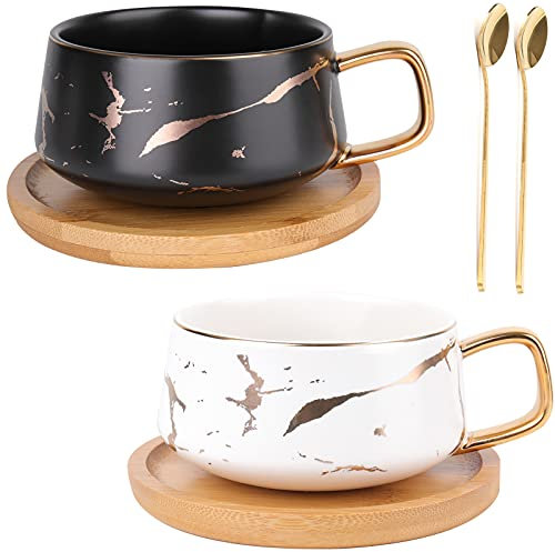 Peohud 2 Pack Ceramic Tea Cup and Saucer Sets, 300ml Marble Cappuccino Cups, Porcelain Coffee Mug with Spoon and Bamboo Saucer, Marble Espresso Cups for Latte, Americano, White and Black