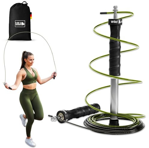 Wild Instincts Profi Springseil, Anti-Rutsch Griffe, 3m Stahlseile/Sprungseil mit Kugellager/Extragewichte mit Tasche/Speed Rope/Jump Rope für Seilspringen/Springseil Erwachsene Fitness (Meshtasche)