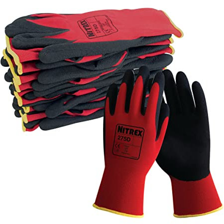 Nitrex 275D Work and Safety Gloves, Bag of 10 Pairs, Size 7 - General Handling Gloves with Foam Latex Palm Coating