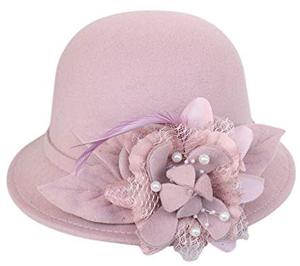 1920er Jahre Vintage Kirche Hüte für Frauen Fascinator Floral Tea Party Hochzeit Cloche Eimer Hut Schlapphut Wollfilz Bowler Hut, Rosa, Einheitsgröße