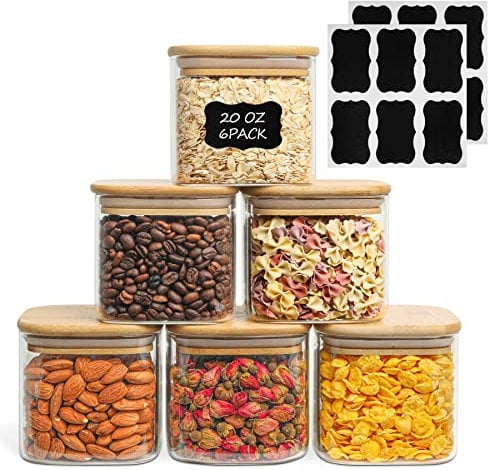 ComSaf Juego de 6 tarros herméticos de vidrio para almacenamiento de alimentos, contenedor de almacenamiento de alimentos de vidrio transparente con sellado de tapa de madera de bambú, apilable