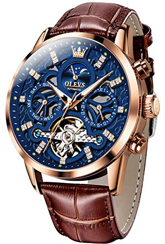 OLEVS Herren-Skelett-Armbanduhr, automatisch, luxuriös, mechanische Armbanduhr, braunes Leder, lässig, Mondphase, leuchtend, wasserdicht, Gold und Blau, Luxuriös