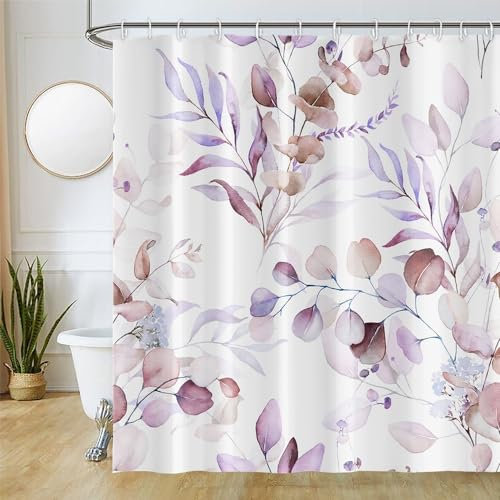 Uiiooazy Tenda da doccia anti muffa, tenda da doccia 180 x 200 cm, viola foglie di eucalipto, lavanda, fiori, tende da bagno in tessuto lavabile, impermeabile, tende da bagno con 12 ganci
