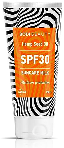 BODI BEAUTY – Leche solar SPF 30 para cuerpo y cara 150 ml – Resistente al agua – Absorción rápida – Manteca de karité, manteca de cacao, vitamina A & E | Filtro UV | Textura ligera para el día a día