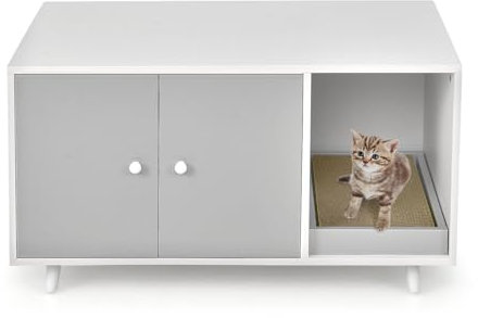 LIFEZEAL 2 in1 Katzenschrank mit Kratzbrett, Kaffeetisch mit Katzenhaus, Katzenhaus mit 2 Türen und hochgezogenen Beine, Katzenklo Katzentoilette Katzenhütte, Braun (Grau)