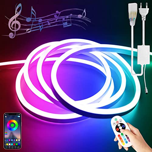 BRIMETI RGB Neon LED Streifen 30M, LED Schlauch 230V Aussenbereich IP65 Wasserdicht Flexibler Neon LED Strip,mit Fernbedienung,Bluetooth App-Steuerung DIY Lichtband, mit Netzteil, für Innen Outdoor