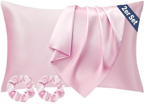 Seiwohl Satin Kissenbezug 40 x 80 2er Set, Weich wie Seidenkissenbezug Silk Pillowcase, Vegane Seide Kopfkissenbezug Kissenhülle Seidenkopfkissen für Haar und Haut mit 2 Haargummis, Rosa