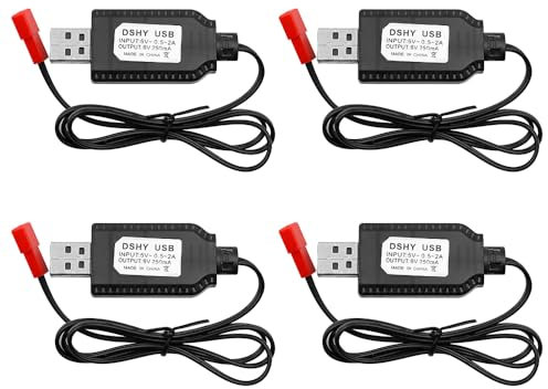 DollaTek 4PCS USB Charger Cable for 6V Li-ion Batteries with JST Port for 1/10 RC Car SCX24 Splatter Ball Gun FPV Drone Quadcopter Crawler