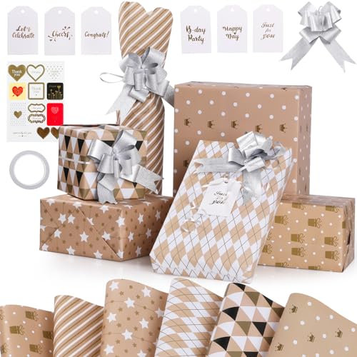 Geschenkpapier,GeeRic 6 Bögen Papierdrachen 70x50cm,Geschenkpapier Geburtstag, Geschenkverpackung für Geburtstag, Weihnachten, Valentinstag + Aufkleber + 6 Etiketten + 6 Geschenk Schleife