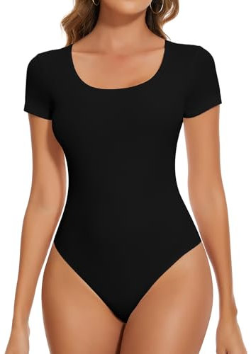 SHAPERIN Women Short Sleeve Bodysuit Crew Neck Thong Bodysuit Top Basic Summer Tshirt Leotard,Black, S