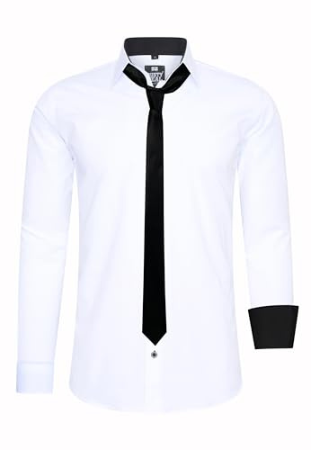 Rusty Neal Herren-Hemd Premium Slim Fit Langarm Stretch Kontrast Hemd mit Krawatte Business-Hemden Outfit Freizeithemd Set 44_99