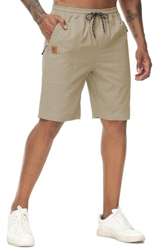 YuKaiChen Men's Shorts Classic Fit Twill Summers Casual Shorts with Zip Pockets Size 32 Khaki