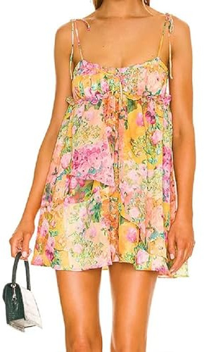 Summer Floral Boho Dresses for Women 2024 Spaghetti Straps Beach Dress Ruffle Sexy Mini Dress (Yellow,Small)