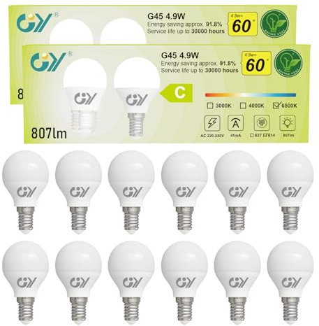 GY E14 LED Kaltweiss Lampe 4.9W 6500K 807 Lumen Kaltweiß Leuchtmittel,G45/P45 Energiesparlampe 60W lampe ersetzt,Nicht Dimmbar LED Birnen,12 stück
