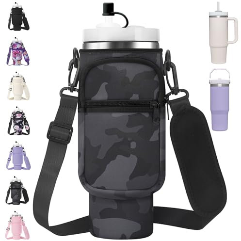 AceTreker Stanley Sac porte-gobelet isotherme en néoprène avec housse de paille pour gobelet de 124/887 ml avec sangle amovible et 2 poches, motif camouflage noir