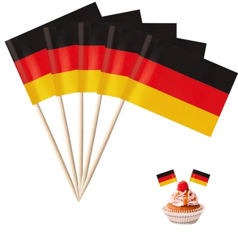 Catelves 100 Stück Deutschland Flagge,Deutschland Zahnstocher Holz,Deutschland Deko Party Spieße Fingerfood,Zahnstocher mit Fähnchen für Cake Obst Cocktail Zubehör