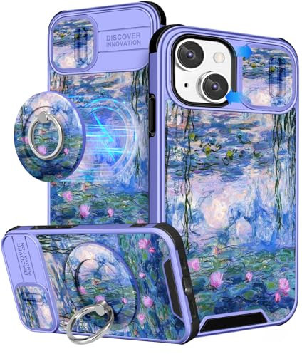 Buleens for iPhone 13 Case 6.1 Inch - with Ring Stand & Camera Cover Aesthetic Cute Designed for Women Girls Girly Pretty Blue Water Lily for Phone Case for iPhone 13 Compatible with Magsafe